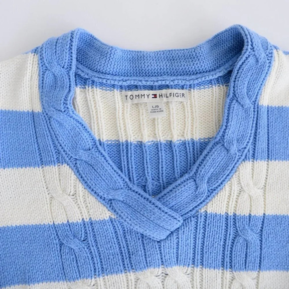 Vintage 90's Y2K Tommy Hilfiger Blue & White Stripe V-Neck Long Sleeve Sweater - Picture 11 of 12